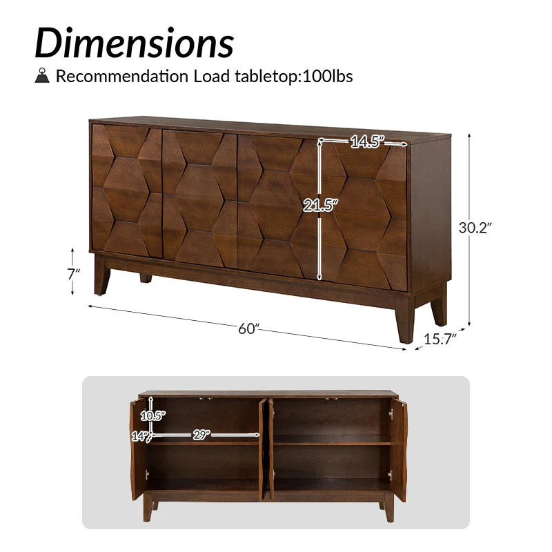 Kamu 60″ Wood Sideboard – Mid-Century Modern Storage Cabinet - Image 3