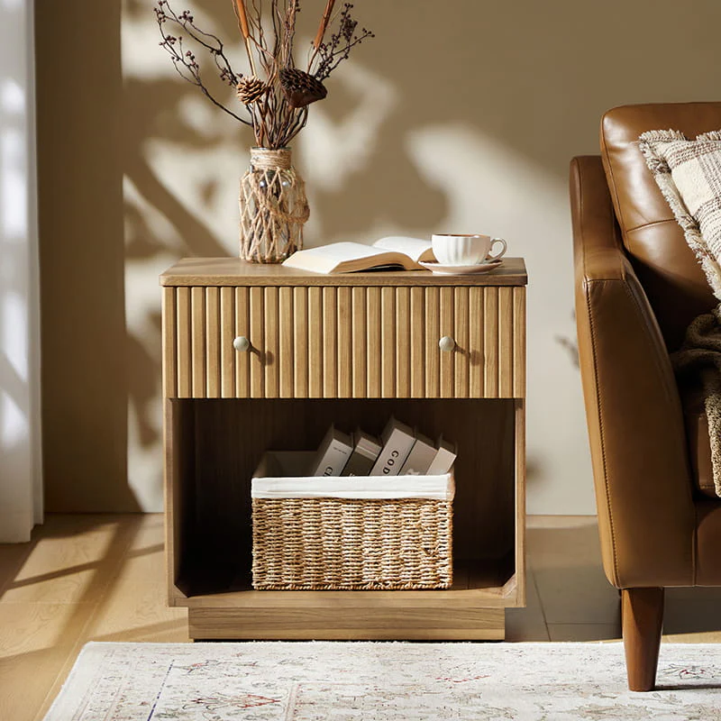 Lina Modern Solid Wood End Table with Charging Station – Slatted Bedside Table with Hidden Storage(Optional Types) - Image 16
