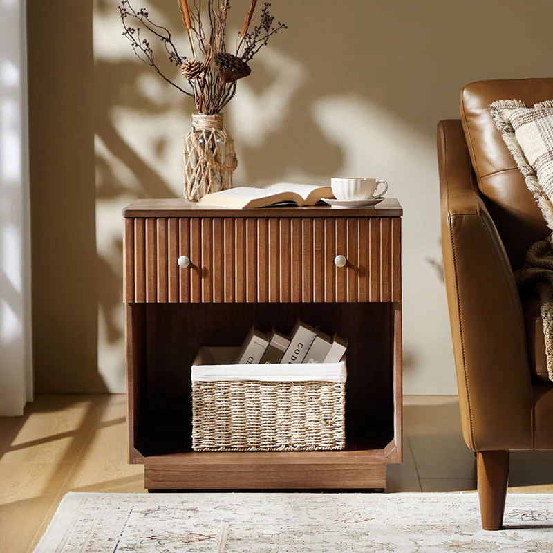 Lina Modern Solid Wood End Table with Charging Station – Slatted Bedside Table with Hidden Storage(Optional Types) - Image 2