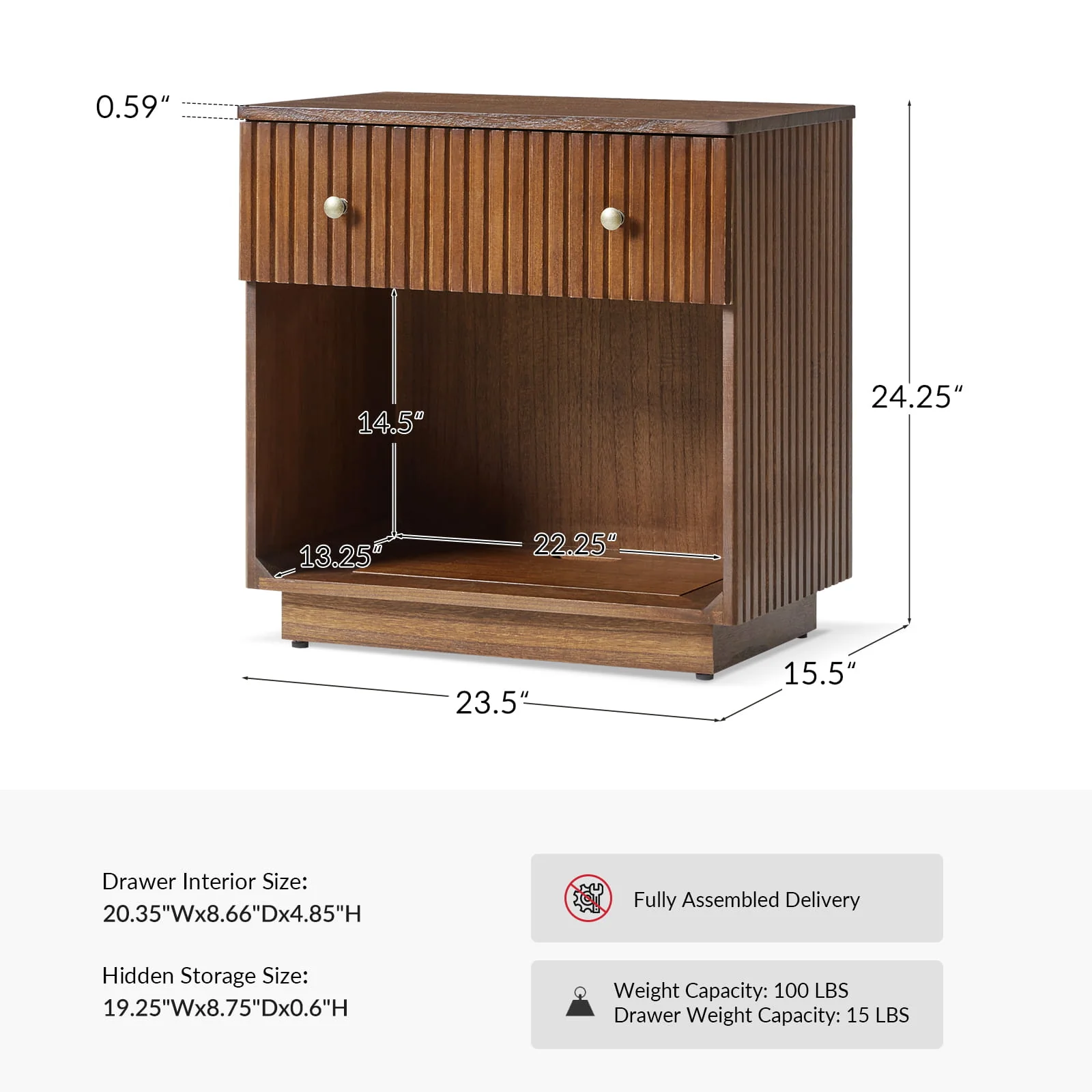 Lina Modern Solid Wood End Table with Charging Station – Slatted Bedside Table with Hidden Storage(Optional Types) - Image 23
