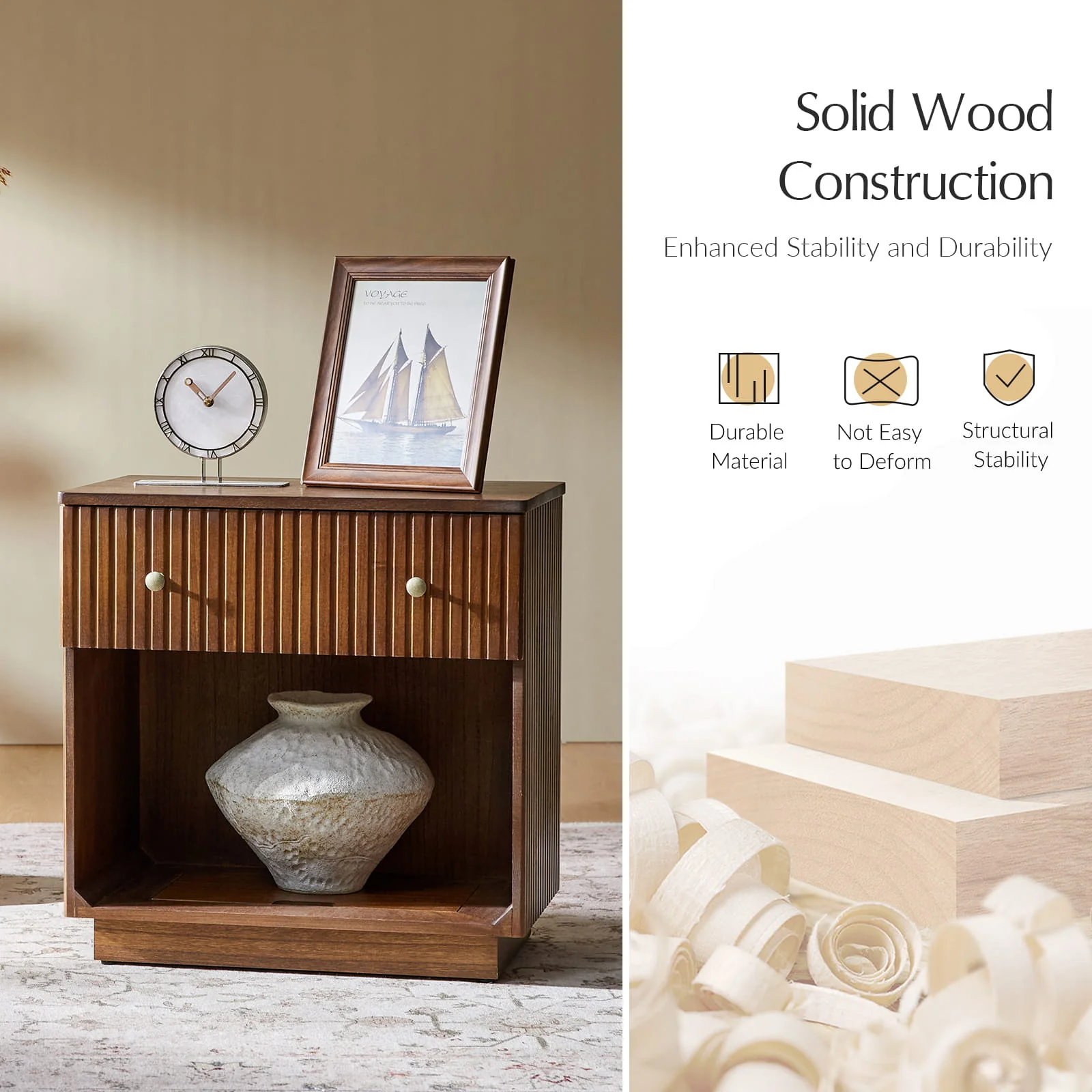 Lina Modern Solid Wood End Table with Charging Station – Slatted Bedside Table with Hidden Storage(Optional Types) - Image 25