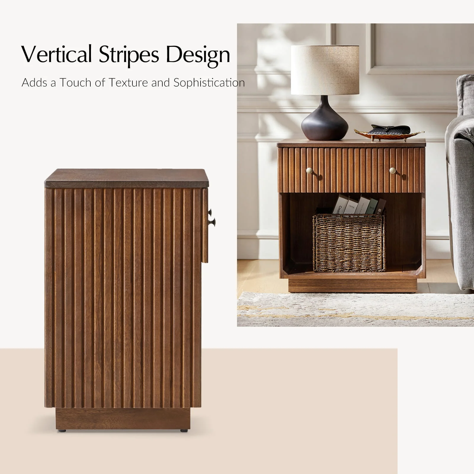 Lina Modern Solid Wood End Table with Charging Station – Slatted Bedside Table with Hidden Storage(Optional Types) - Image 26