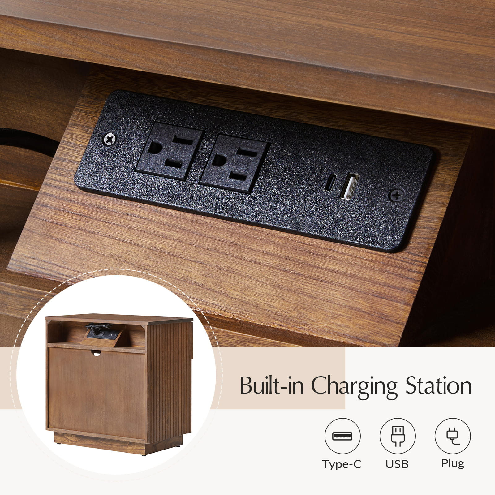 Lina Modern Solid Wood End Table with Charging Station – Slatted Bedside Table with Hidden Storage(Optional Types) - Image 27