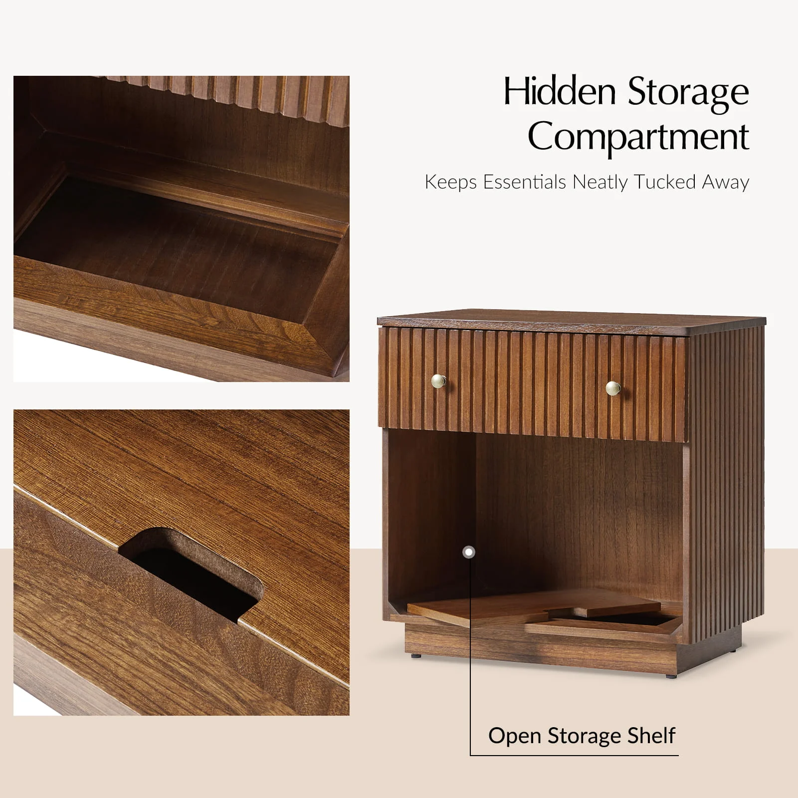 Lina Modern Solid Wood End Table with Charging Station – Slatted Bedside Table with Hidden Storage(Optional Types) - Image 28