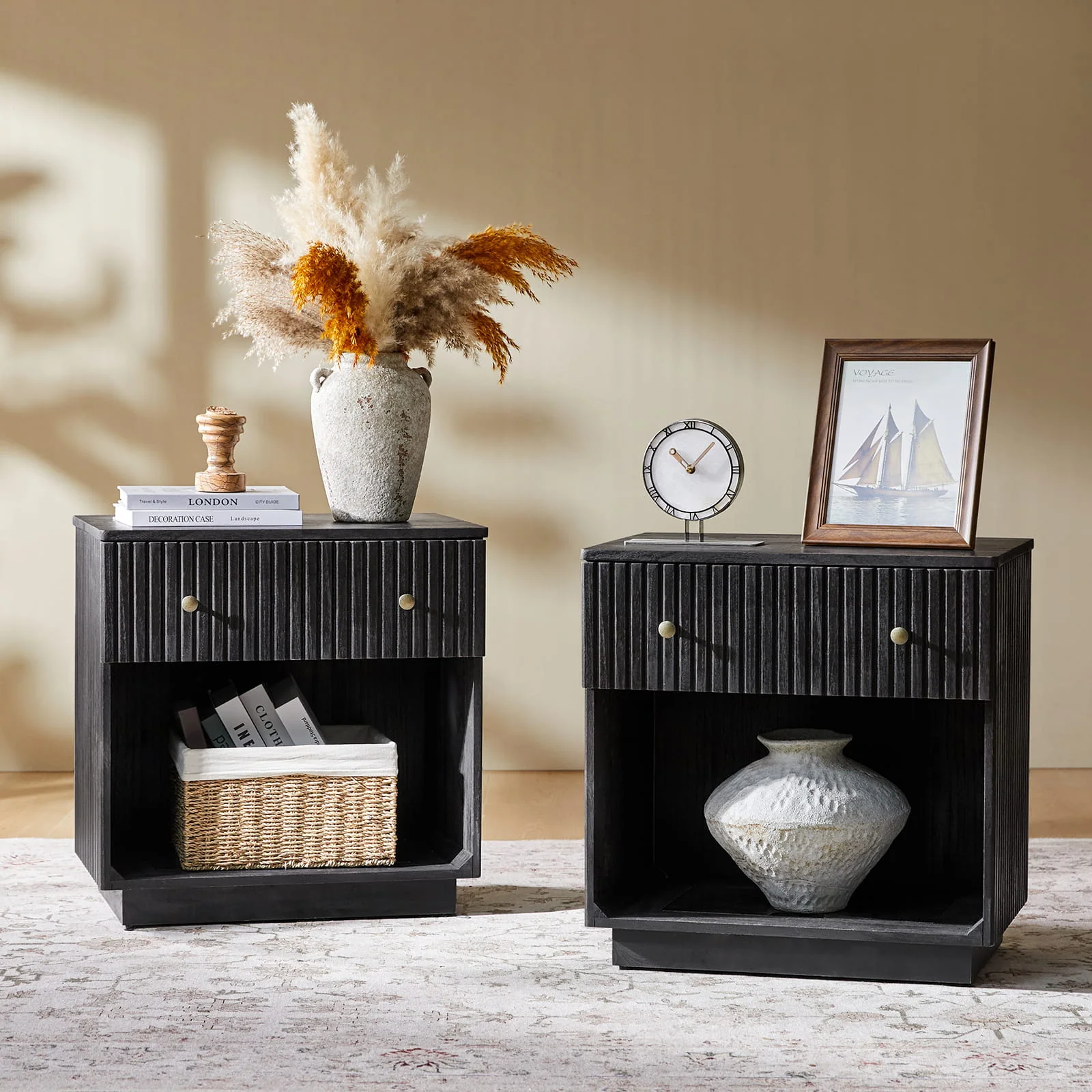 Lina Modern Solid Wood End Table with Charging Station – Slatted Bedside Table with Hidden Storage(Optional Types) - Image 29