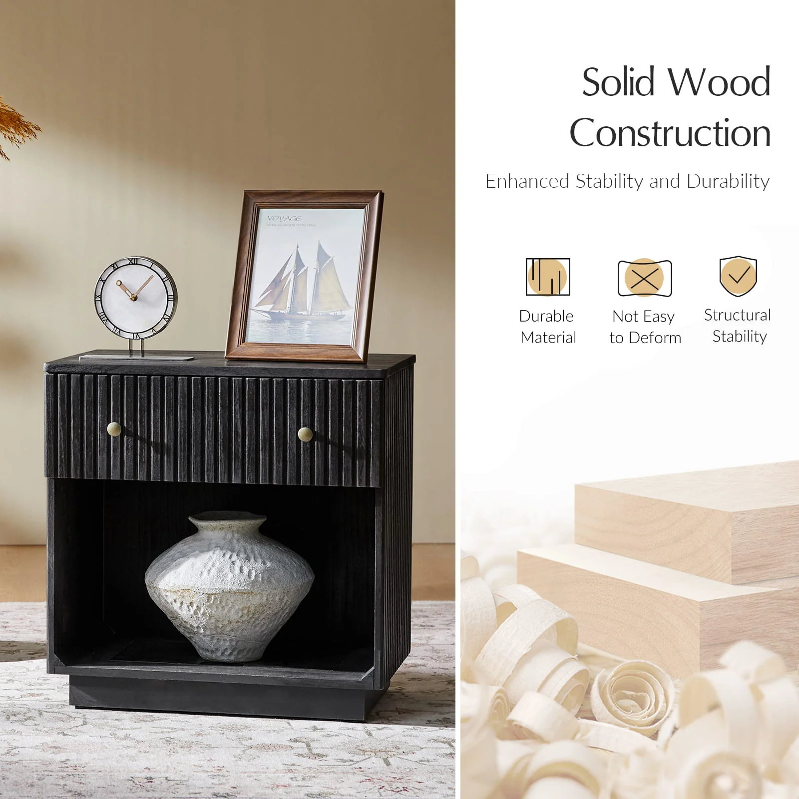 Lina Modern Solid Wood End Table with Charging Station – Slatted Bedside Table with Hidden Storage(Optional Types) - Image 32