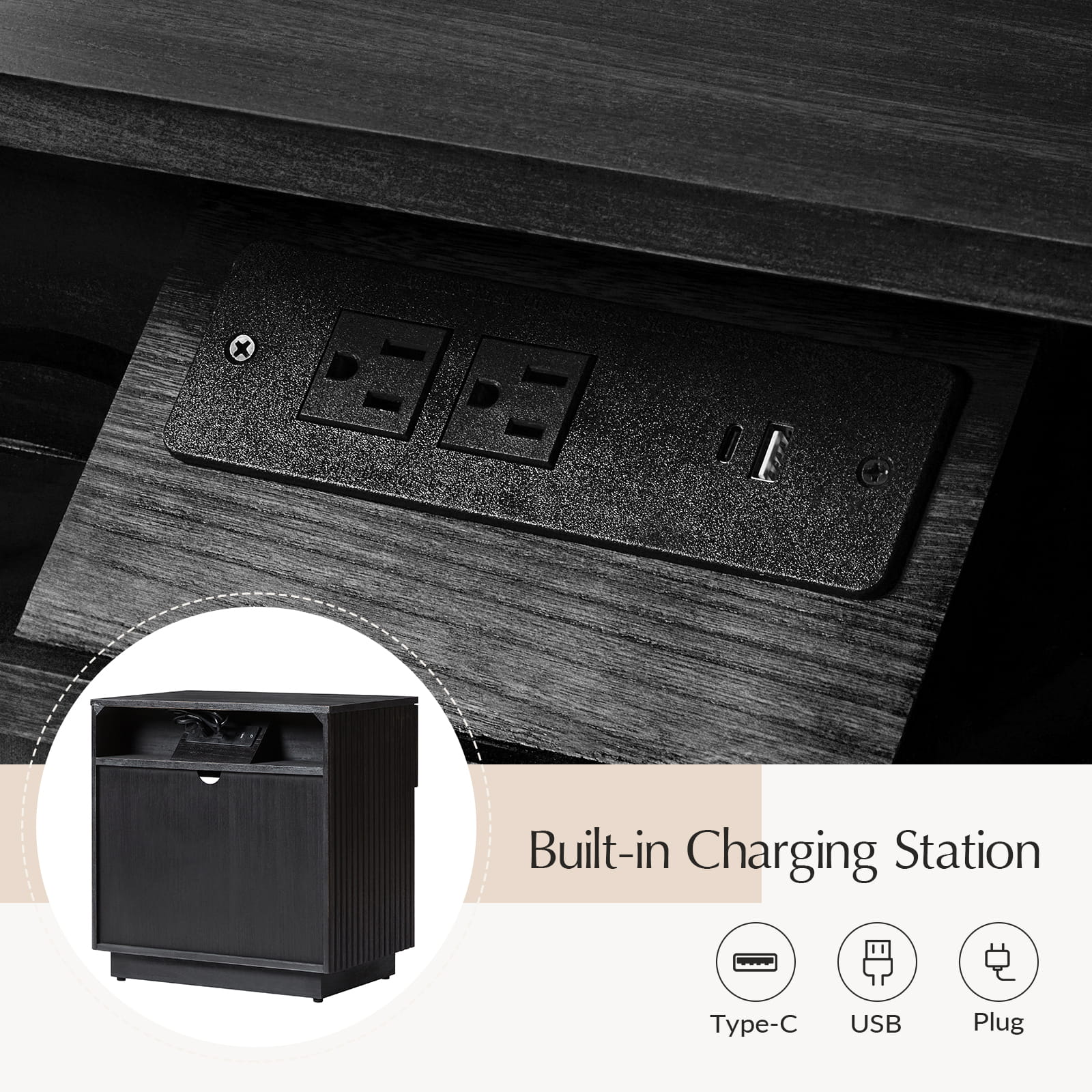 Lina Modern Solid Wood End Table with Charging Station – Slatted Bedside Table with Hidden Storage(Optional Types) - Image 34