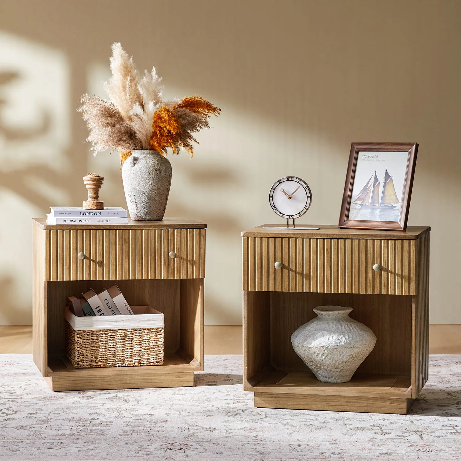 Lina Modern Solid Wood End Table with Charging Station – Slatted Bedside Table with Hidden Storage(Optional Types) - Image 36