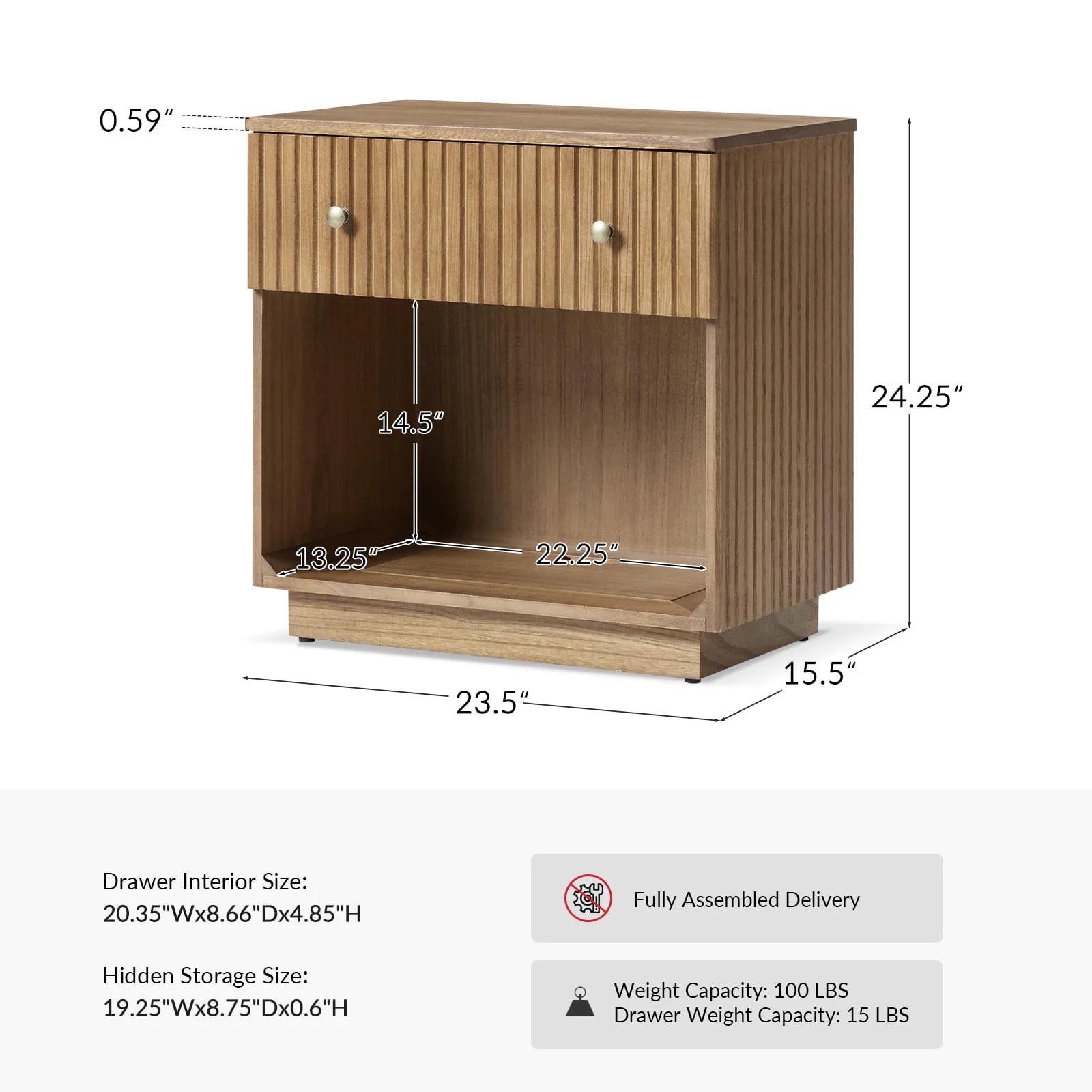 Lina Modern Solid Wood End Table with Charging Station – Slatted Bedside Table with Hidden Storage(Optional Types) - Image 37
