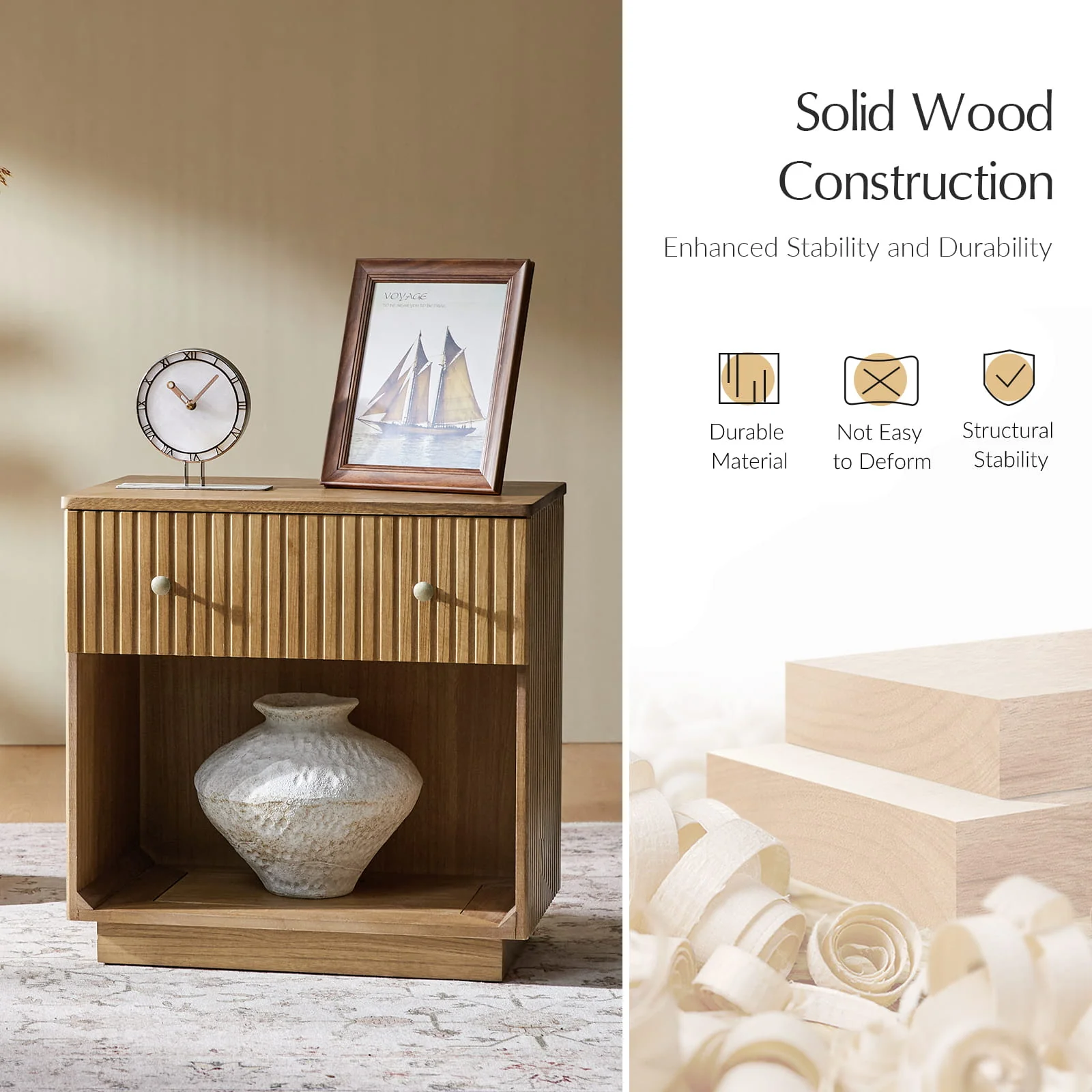 Lina Modern Solid Wood End Table with Charging Station – Slatted Bedside Table with Hidden Storage(Optional Types) - Image 39