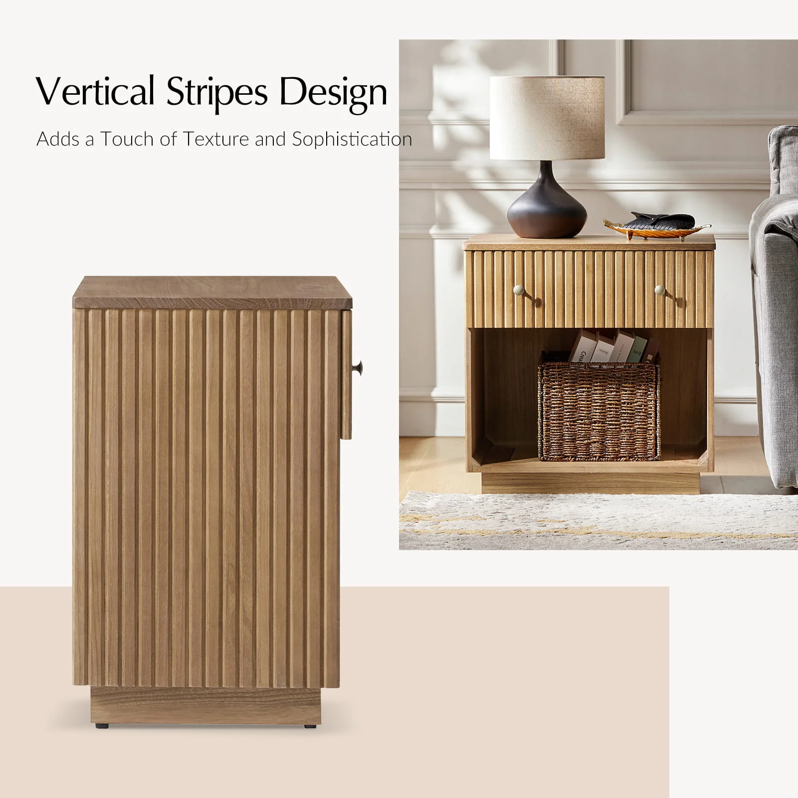 Lina Modern Solid Wood End Table with Charging Station – Slatted Bedside Table with Hidden Storage(Optional Types) - Image 40