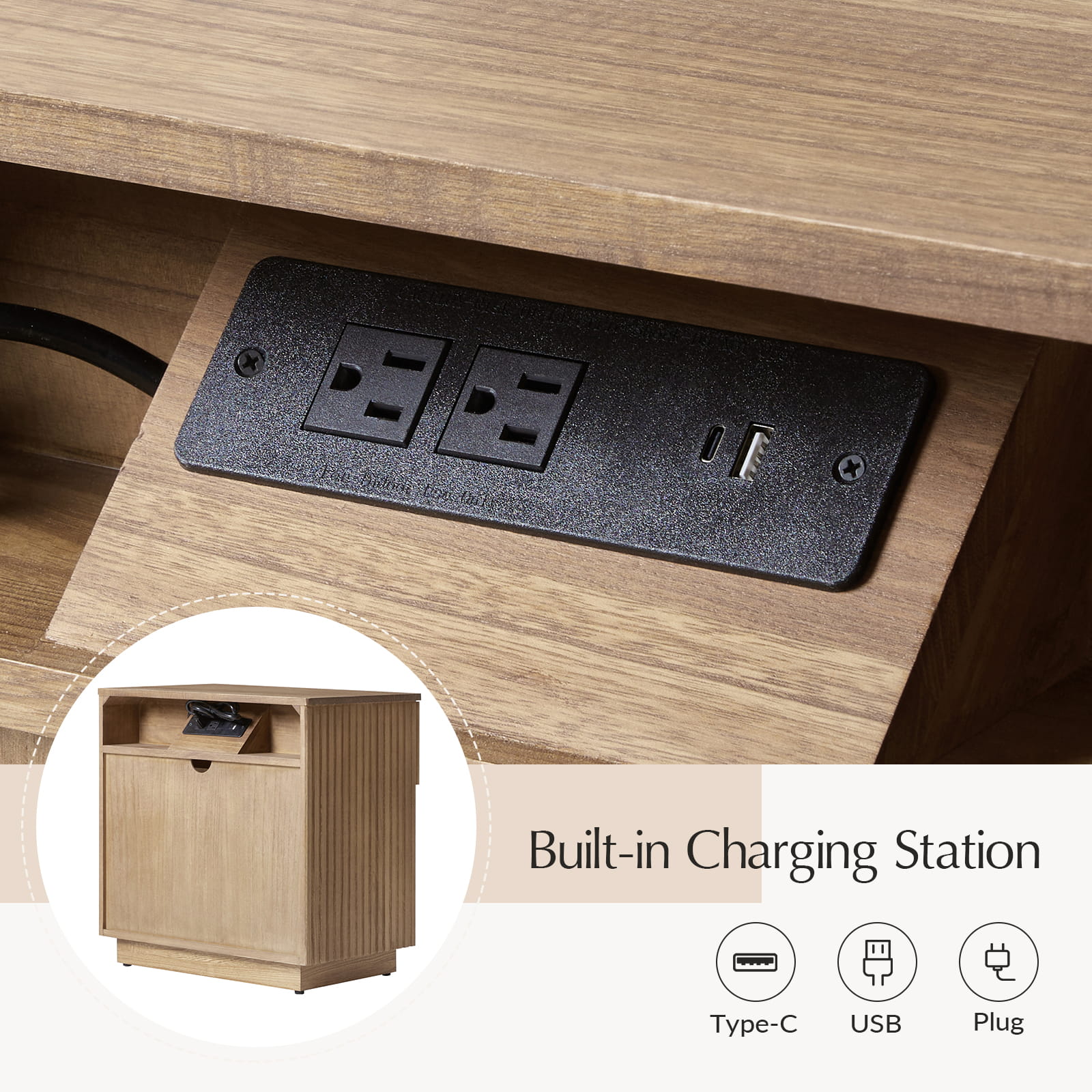 Lina Modern Solid Wood End Table with Charging Station – Slatted Bedside Table with Hidden Storage(Optional Types) - Image 41