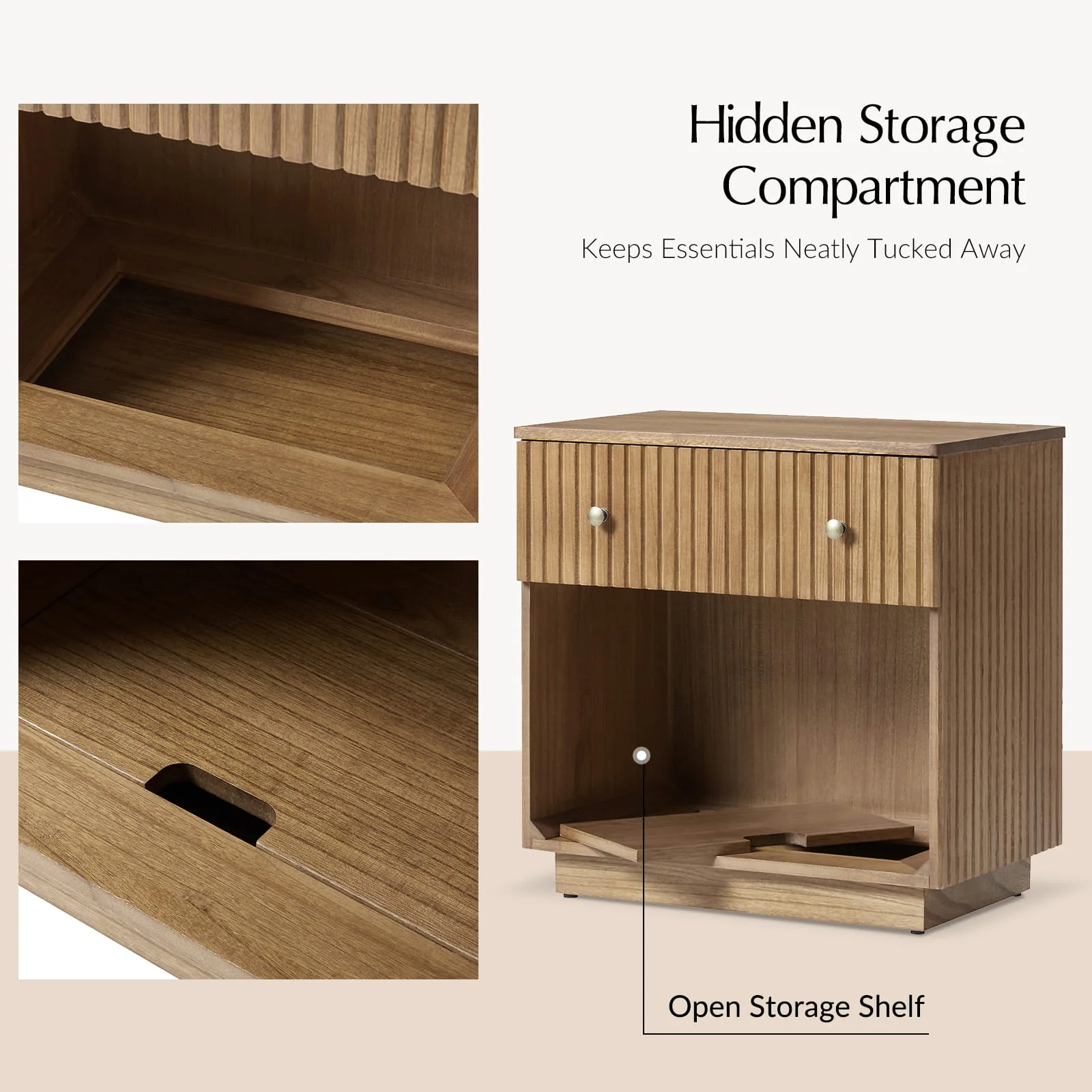 Lina Modern Solid Wood End Table with Charging Station – Slatted Bedside Table with Hidden Storage(Optional Types) - Image 42