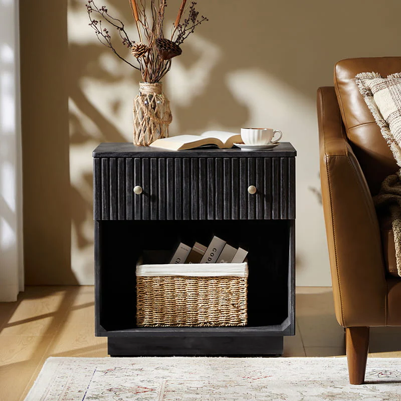 Lina Modern Solid Wood End Table with Charging Station – Slatted Bedside Table with Hidden Storage(Optional Types) - Image 9