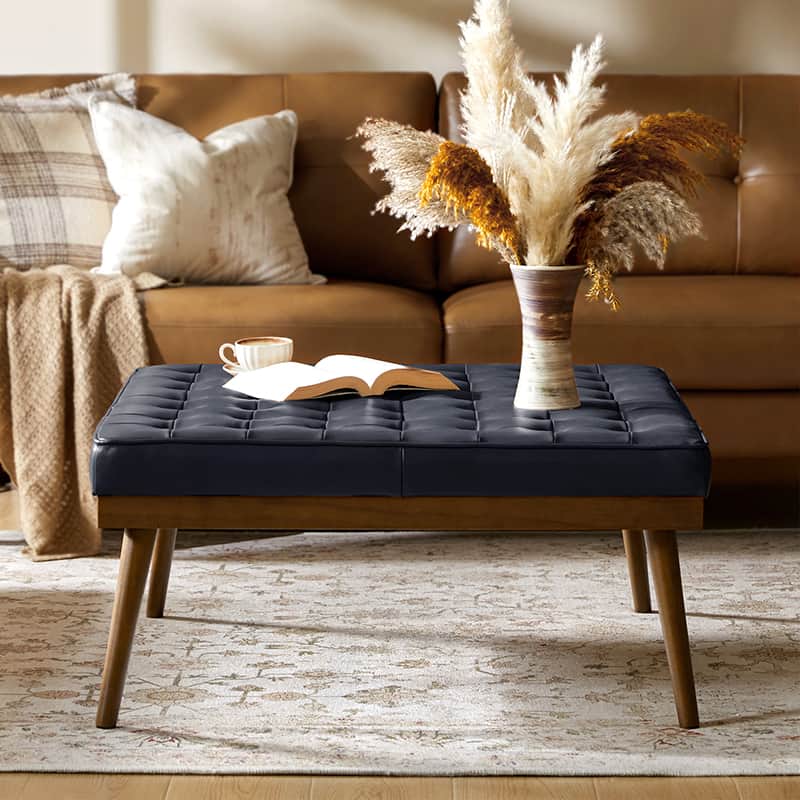 Elisa Mid-century Modern Genuine Leather Ottoman - Image 10