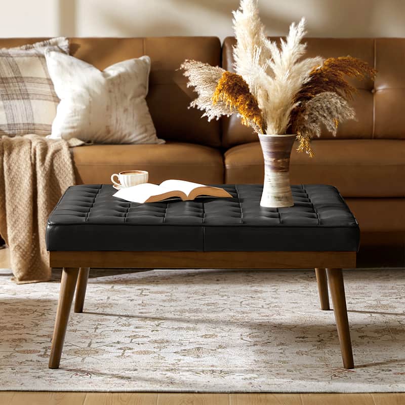Elisa Mid-century Modern Genuine Leather Ottoman - Image 18
