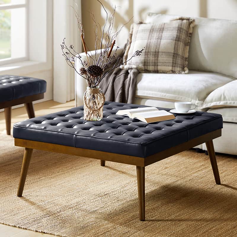 Elisa Mid-century Modern Genuine Leather Ottoman - Image 9