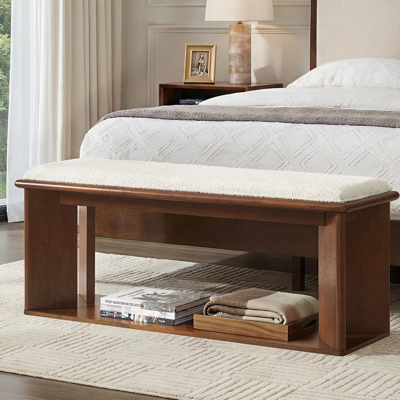 Mid-Century Modern Wood Bench with Open Shoe Storage Shelf - Image 10