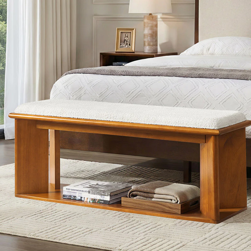 Mid-Century Modern Wood Bench with Open Shoe Storage Shelf - Image 2