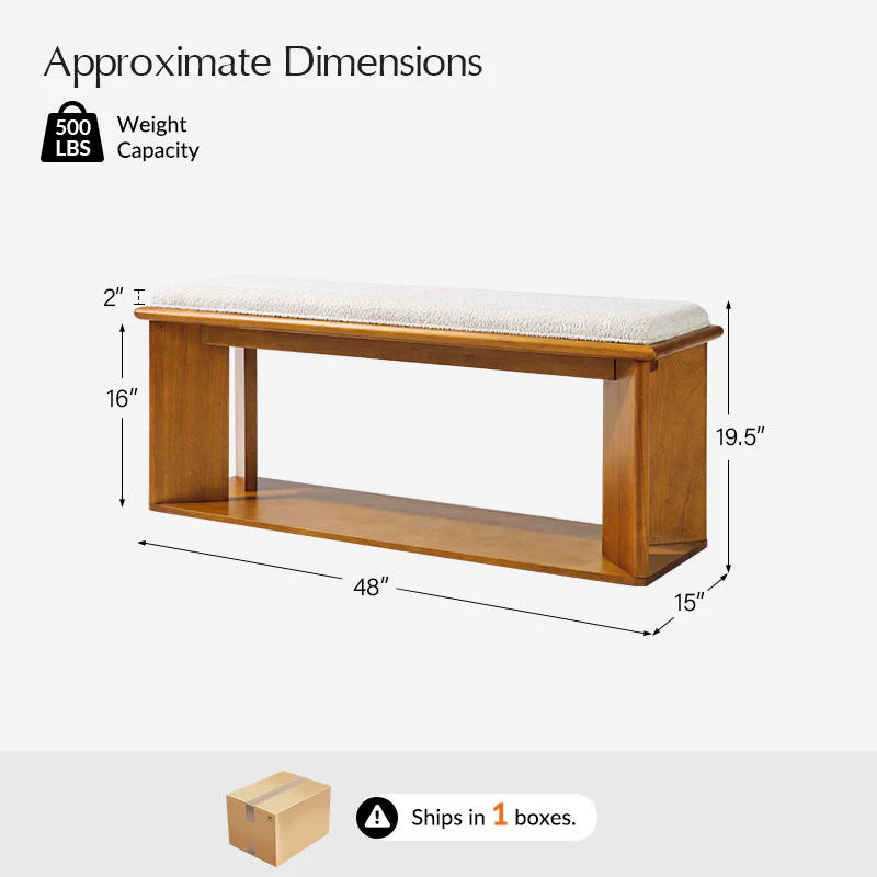 Mid-Century Modern Wood Bench with Open Shoe Storage Shelf - Image 3