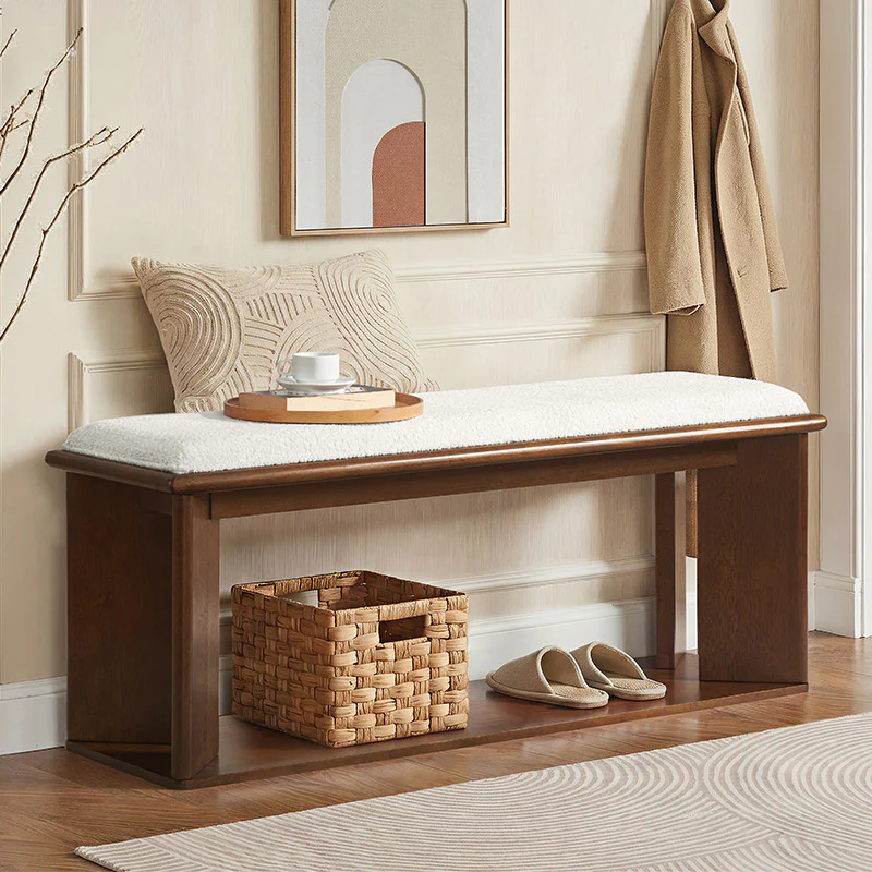 Mid-Century Modern Wood Bench with Open Shoe Storage Shelf - Image 9