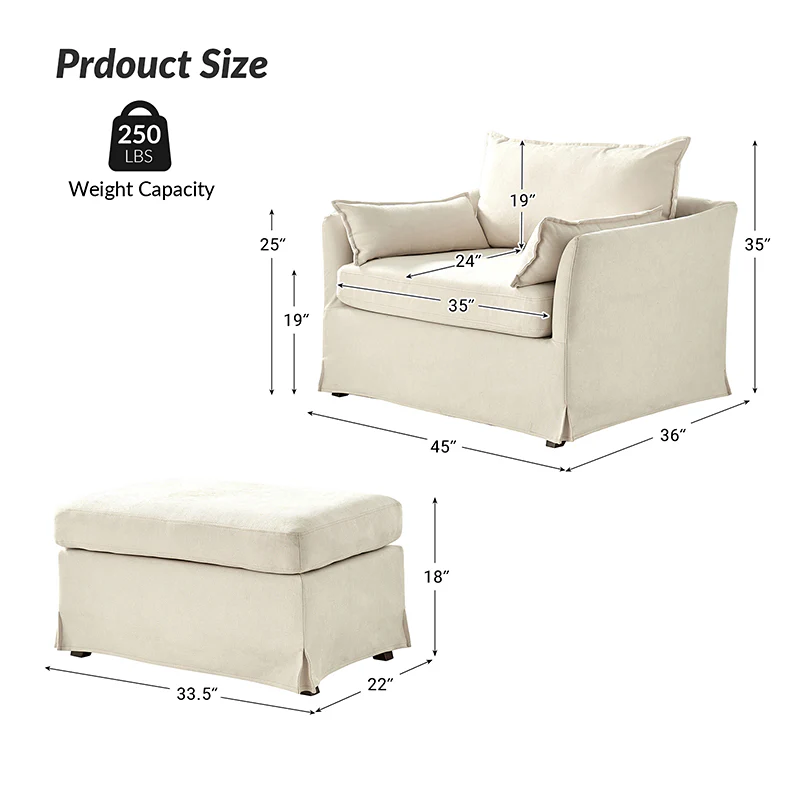 Miles Slipcovered Armchair with Large Ottoman - Image 3
