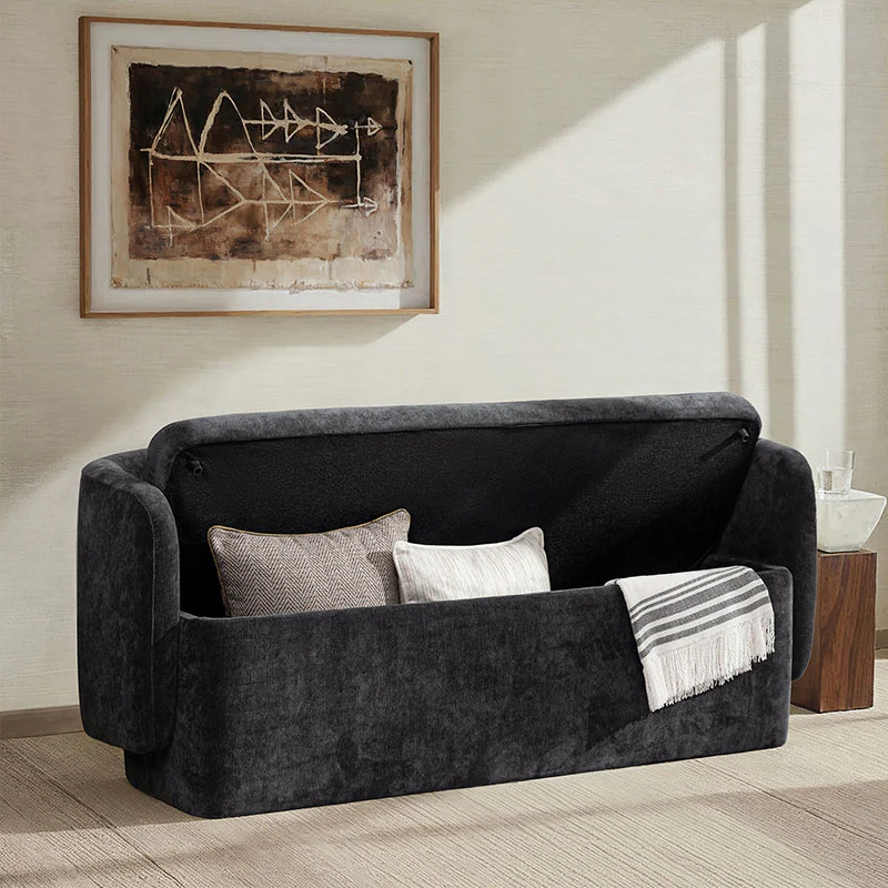 Modern Chenille Storage Bench with Wraparound Backres - Image 2