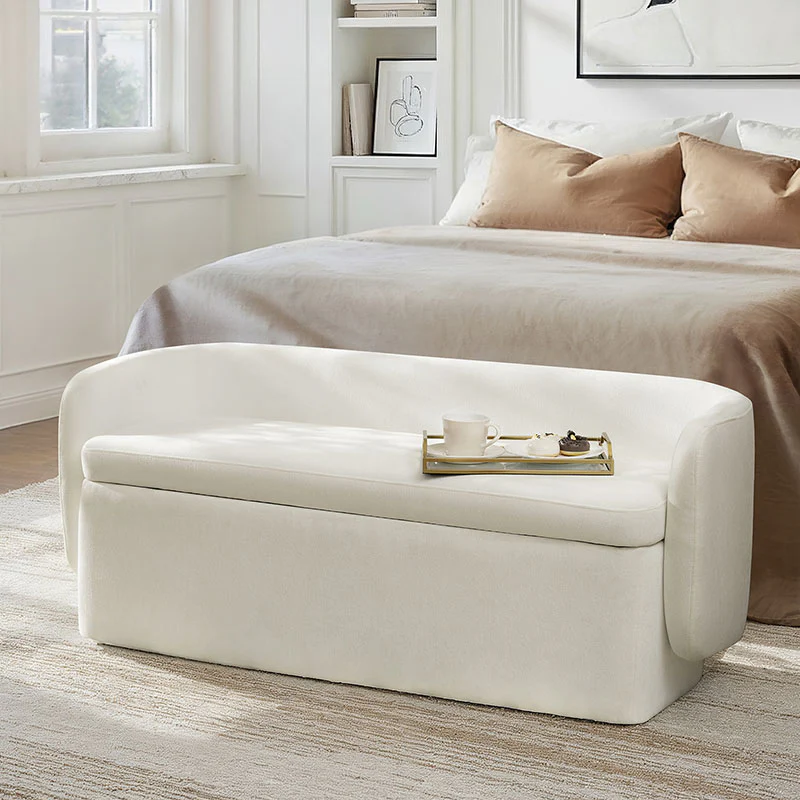 Modern Chenille Storage Bench with Wraparound Backres - Image 9