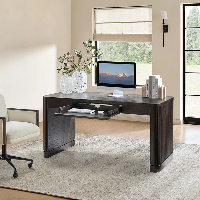 Modern Desk with Power Outlets and Fluted Wood Legs - Image 10