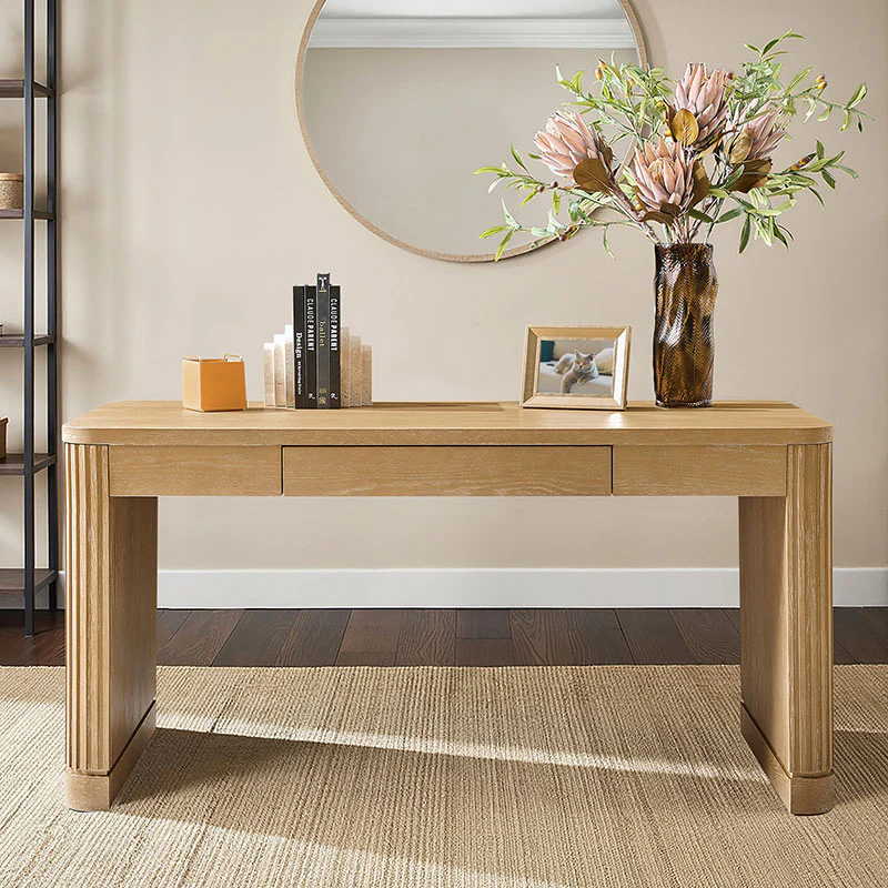 Modern Desk with Power Outlets and Fluted Wood Legs - Image 3