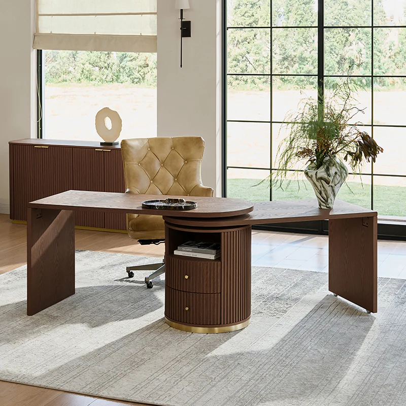 Modern Fluted L shaped 360 Rotating Wooden Office Desk - Image 10