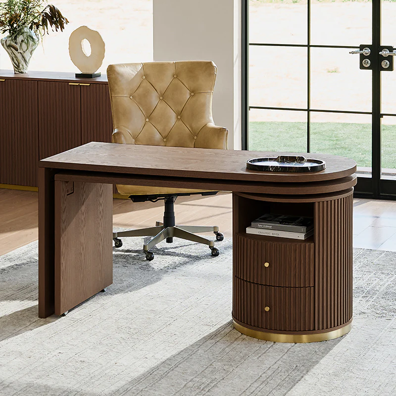 Modern Fluted L shaped 360 Rotating Wooden Office Desk - Image 11
