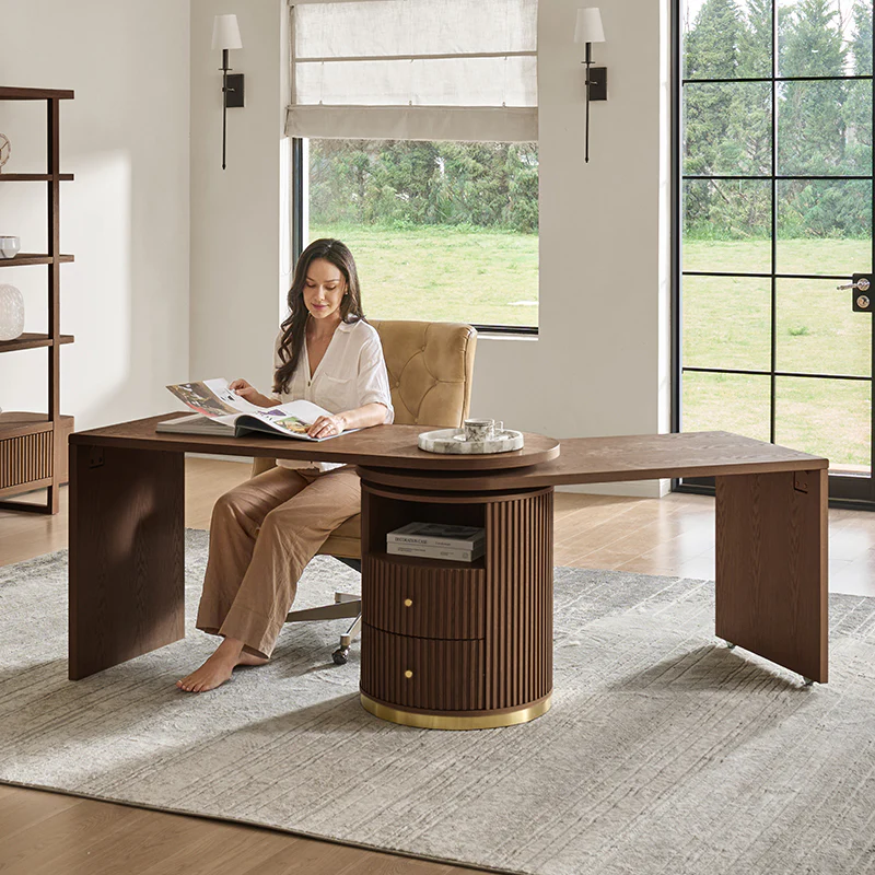 Modern Fluted L shaped 360 Rotating Wooden Office Desk - Image 12