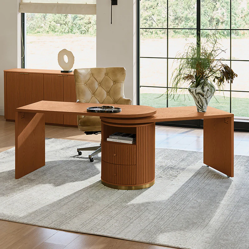 Modern Fluted L shaped 360 Rotating Wooden Office Desk - Image 19