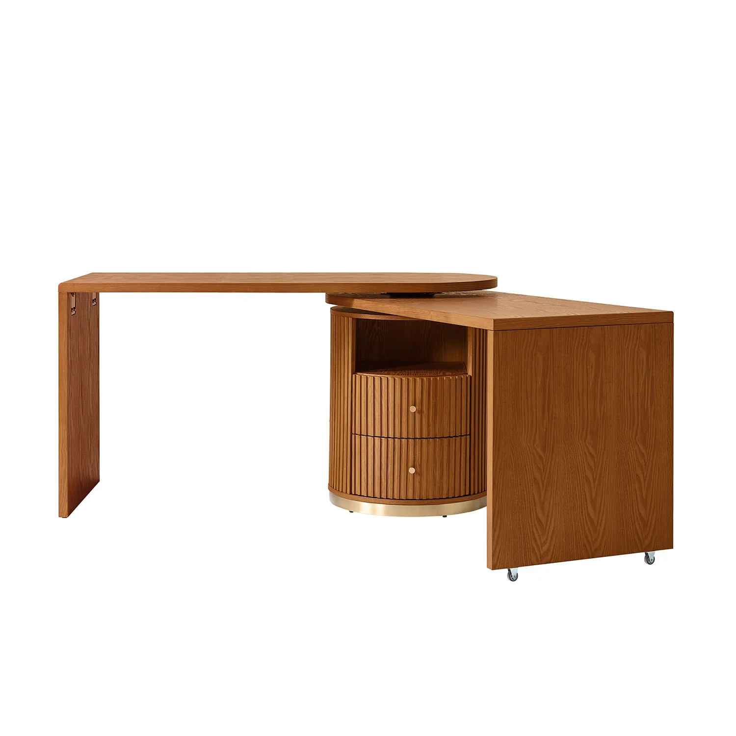 Modern Fluted L shaped 360 Rotating Wooden Office Desk - Image 22