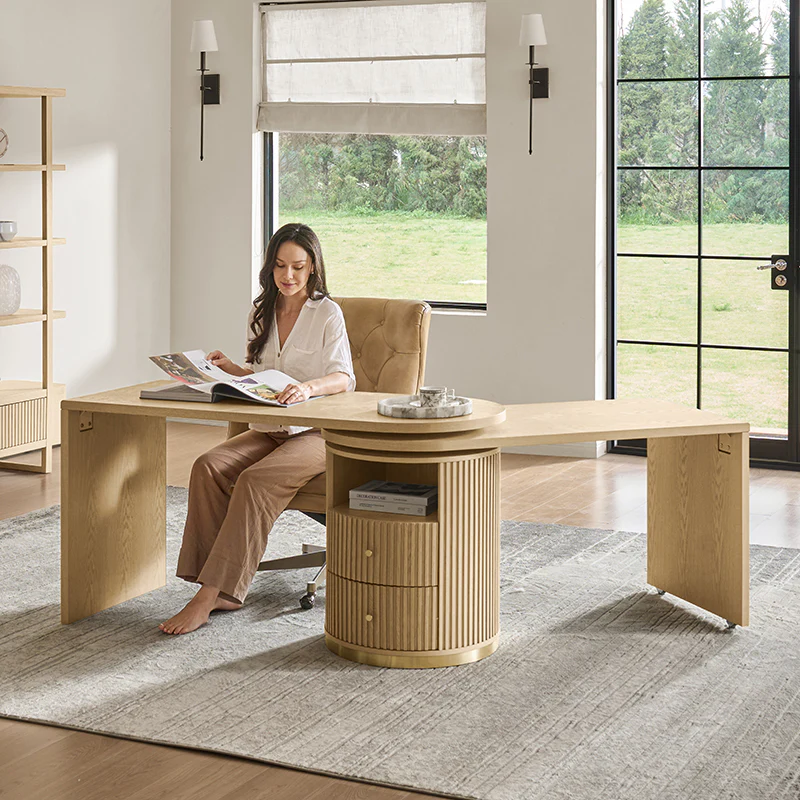 Modern Fluted L shaped 360 Rotating Wooden Office Desk - Image 3