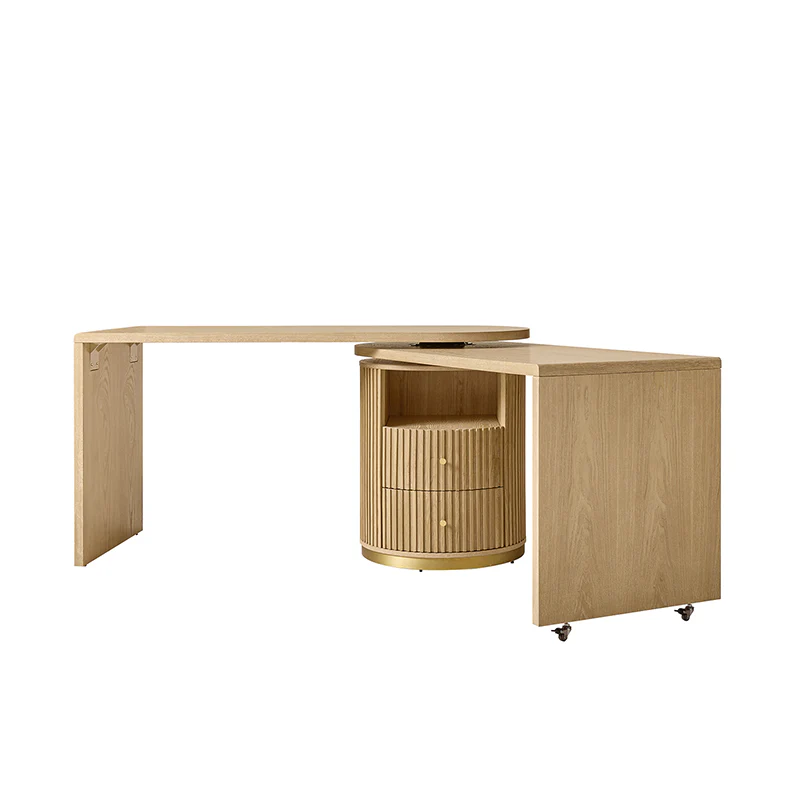 Modern Fluted L shaped 360 Rotating Wooden Office Desk - Image 5