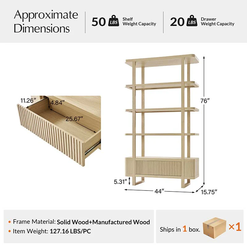 Modern Fluted Wood Bookshelf with Cabinet Storage - Image 3
