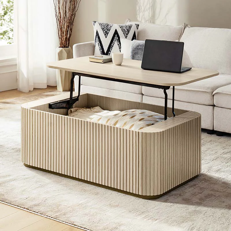 Multifunctional Slatted Design Lift-Top Coffee Table with Hidden Storage and Drawers - Image 11