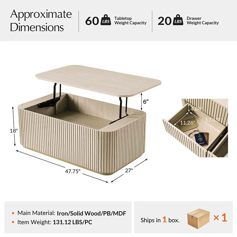 Multifunctional Slatted Design Lift-Top Coffee Table with Hidden Storage and Drawers - Image 13