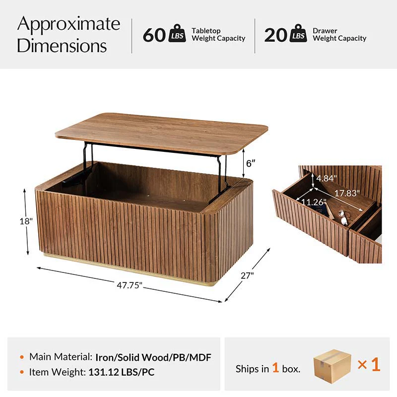 Multifunctional Slatted Design Lift-Top Coffee Table with Hidden Storage and Drawers - Image 3