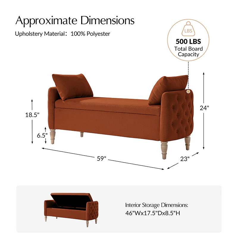 Octavia Upholstered Storage Bench with Turned Wood Legs - Image 19