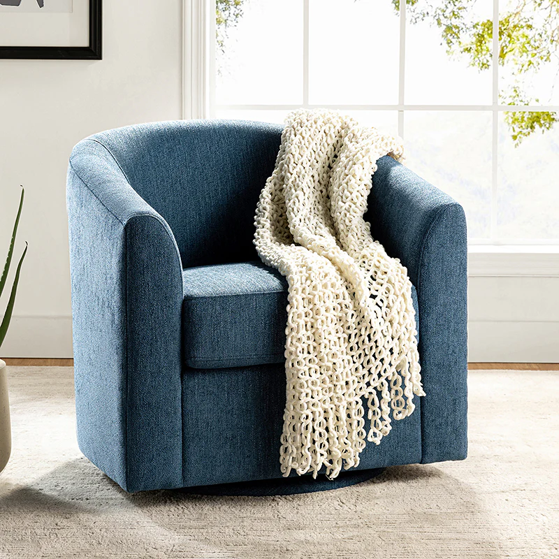 Pablo Modern Swivel Barrel Chair with Upholstered Fabric & Metal Base - Image 10
