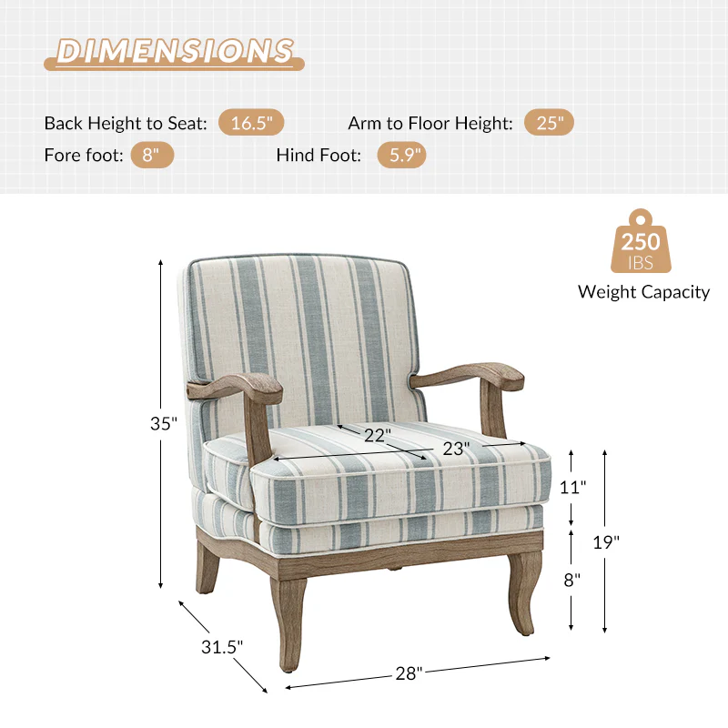 Randolph Romantic Upholstered Stripes Armchair with Solid Wood Armrests - Image 11