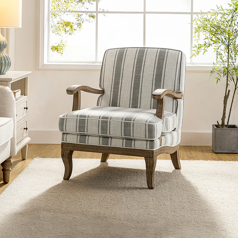 Randolph Romantic Upholstered Stripes Armchair with Solid Wood Armrests - Image 17