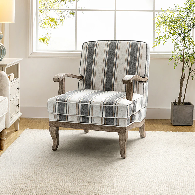 Randolph Romantic Upholstered Stripes Armchair with Solid Wood Armrests - Image 25