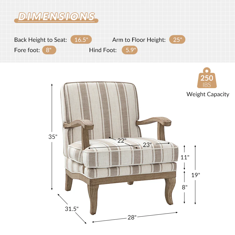 Randolph Romantic Upholstered Stripes Armchair with Solid Wood Armrests - Image 3
