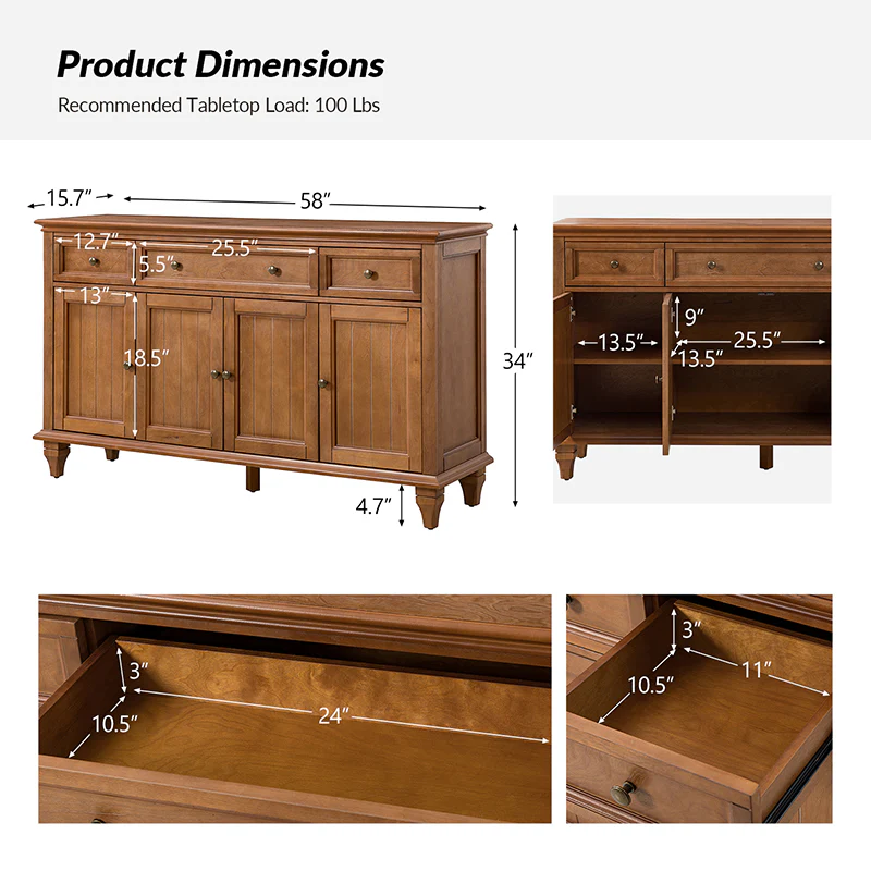 Raphael 58" Wide 3‑Drawer Sideboard – Modern Farmhouse Storage Cabinet With Solid Wood Legs - Image 3