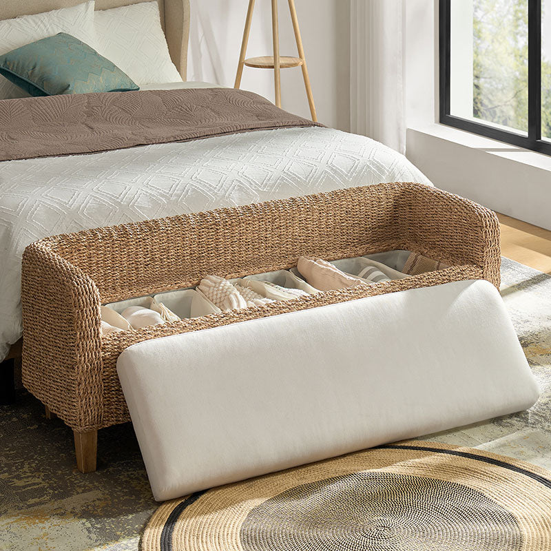 Candela Rattan Bench with Storage and Cream Cushion - Image 3