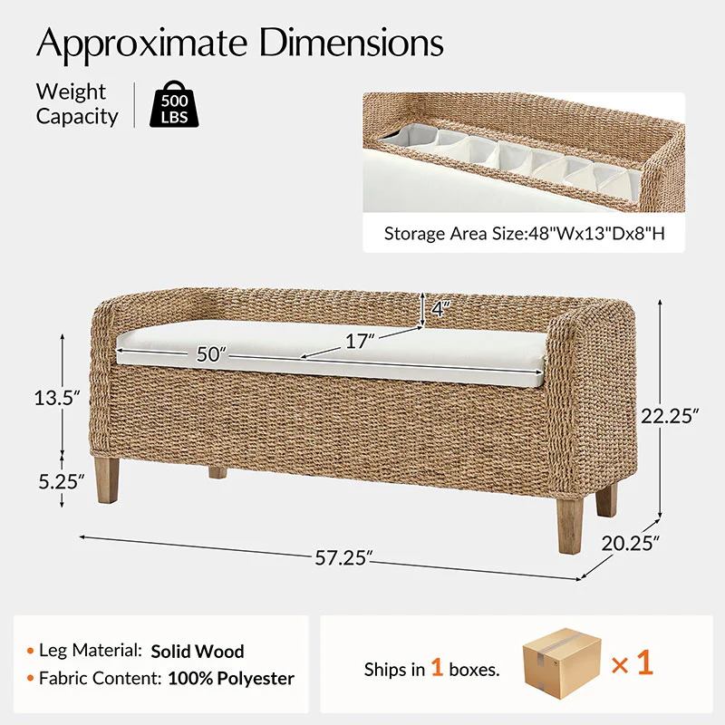Candela Rattan Bench with Storage and Cream Cushion - Image 4